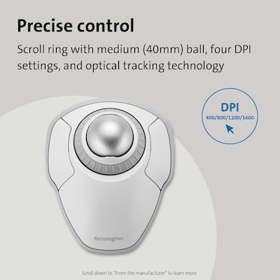 Kensington Orbit Ambidextrous Wireless Trackball with Scroll Ring, White (K70991WW)
