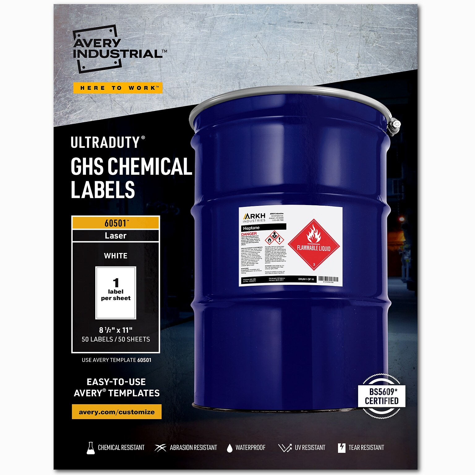 Avery UltraDuty Waterproof Laser GHS Chemical Labels, 8-1/2 x 11, 50 Labels/Box (60501)