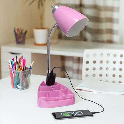 Simple Designs Gooseneck Organizer LED Desk Lamp, 18.50", with iPad Tablet Stand and Charging Outlet, Pink (LD1057-PNK)
