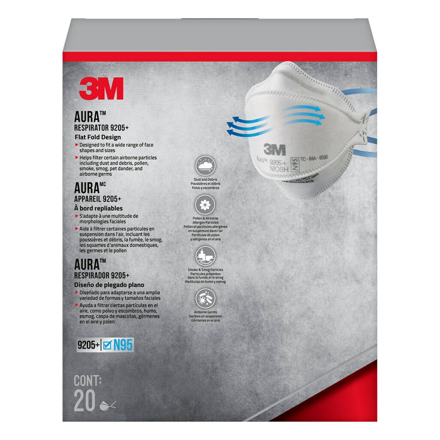 3M Aura N95 Particulate Respirator, White, 20/Pack (9205P-20-DC)