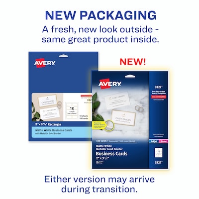 Avery Business Cards, 2 x 3 1/2, White/Gold, 10 Cards/Sheet, 10 Sheets/Pack, 100 Cards/Pack (3327)