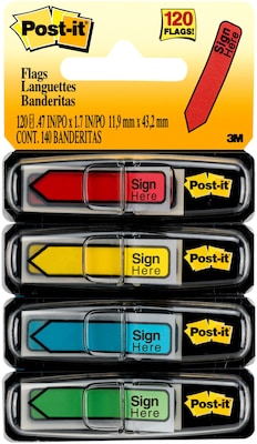 Post-it Sign Here Message Flags, .5 Wide, Assorted Colors, 120 Flags/Pack (684-SH)