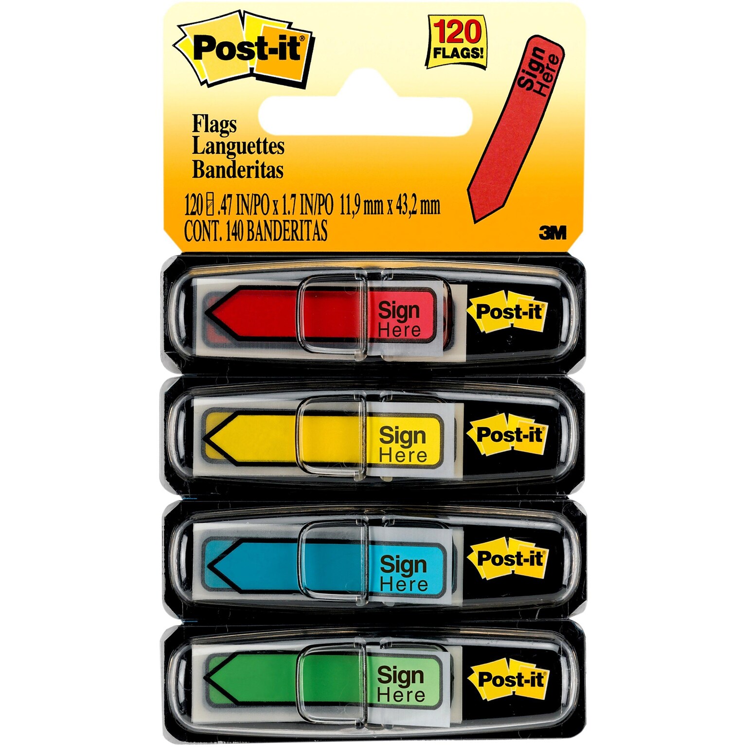 Post-it Sign Here Message Flags, .5 Wide, Assorted Colors, 120 Flags/Pack (684-SH)