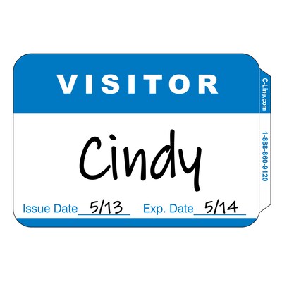 C-Line® Pressure Sensitive Badges, Visitor, Blue, 3-1/2" x 2-1/4", 100 Per Pack, 5 Packs (CLI92245-5)