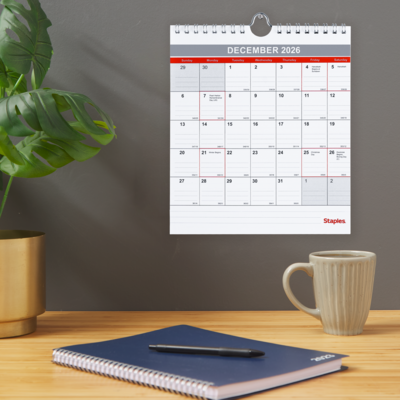 2026 Staples 6.5" x 7.5" Monthly Wall Calendar, Red/White/Gray (ST53923-26)