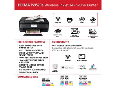 Canon PIXMA TS9520a Inkjet Printer, All-in-One, Print, Scan, Copy (2988C032)