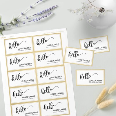 Avery Business Cards, 2" x 3 1/2", White/Gold, 10 Cards/Sheet, 10 Sheets/Pack, 100 Cards/Pack (3327)
