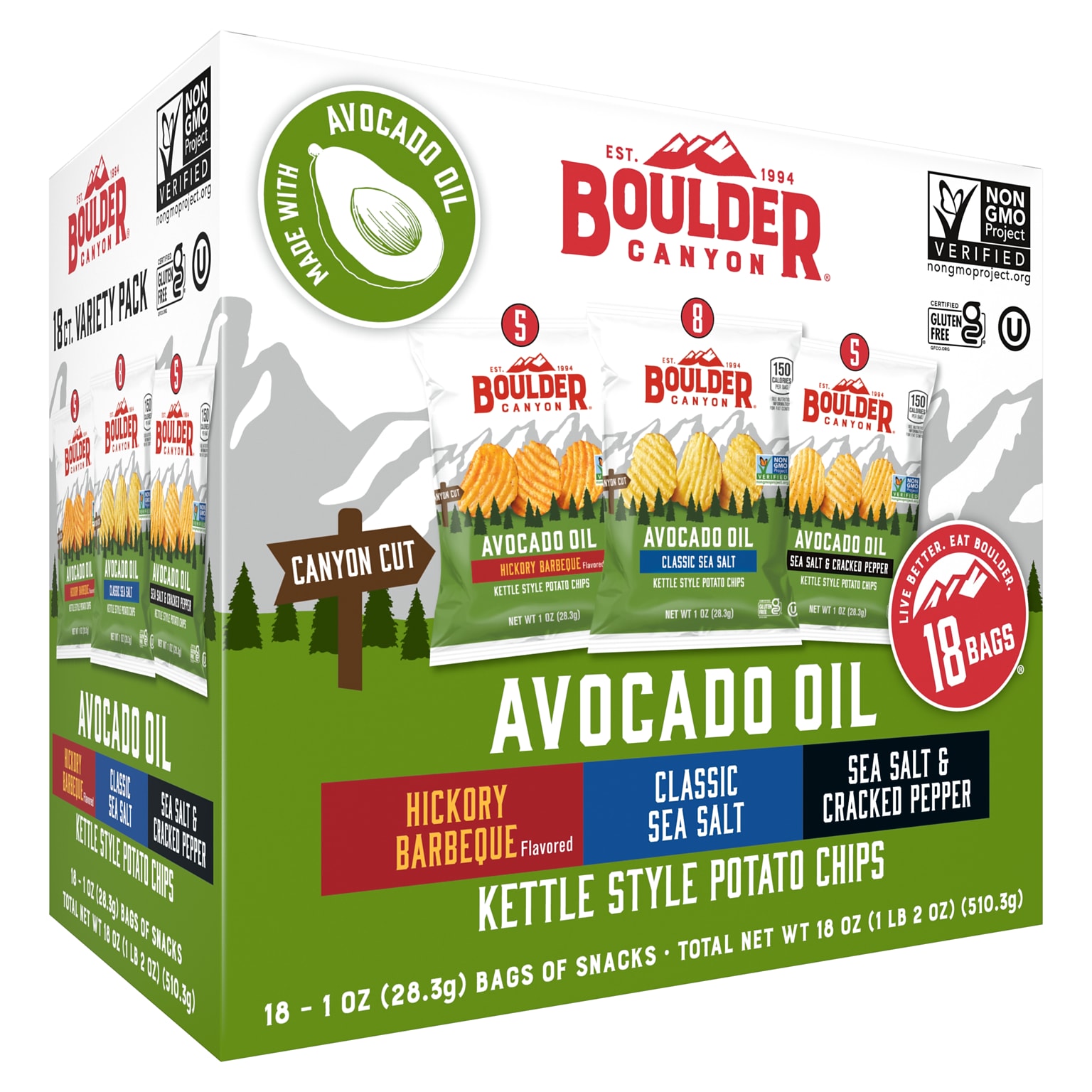 Boulder Canyon Avocado Oil Chips Variety Pack, 1 oz., 18 Bags/Box (26101)