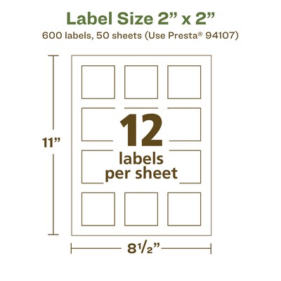 Avery EcoFriendly Laser/Inkjet Square Multipurpose Labels, 2" x 2", White, 600/Box (94107)