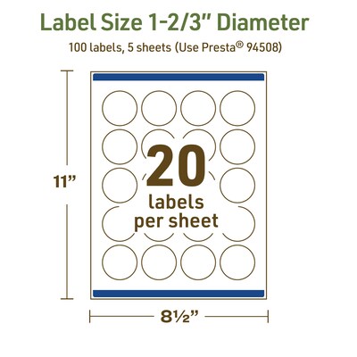Avery Dissolvable Circle Multipurpose Labels, 1-2/3" Dia., Off-white, 100/Pack (94508)