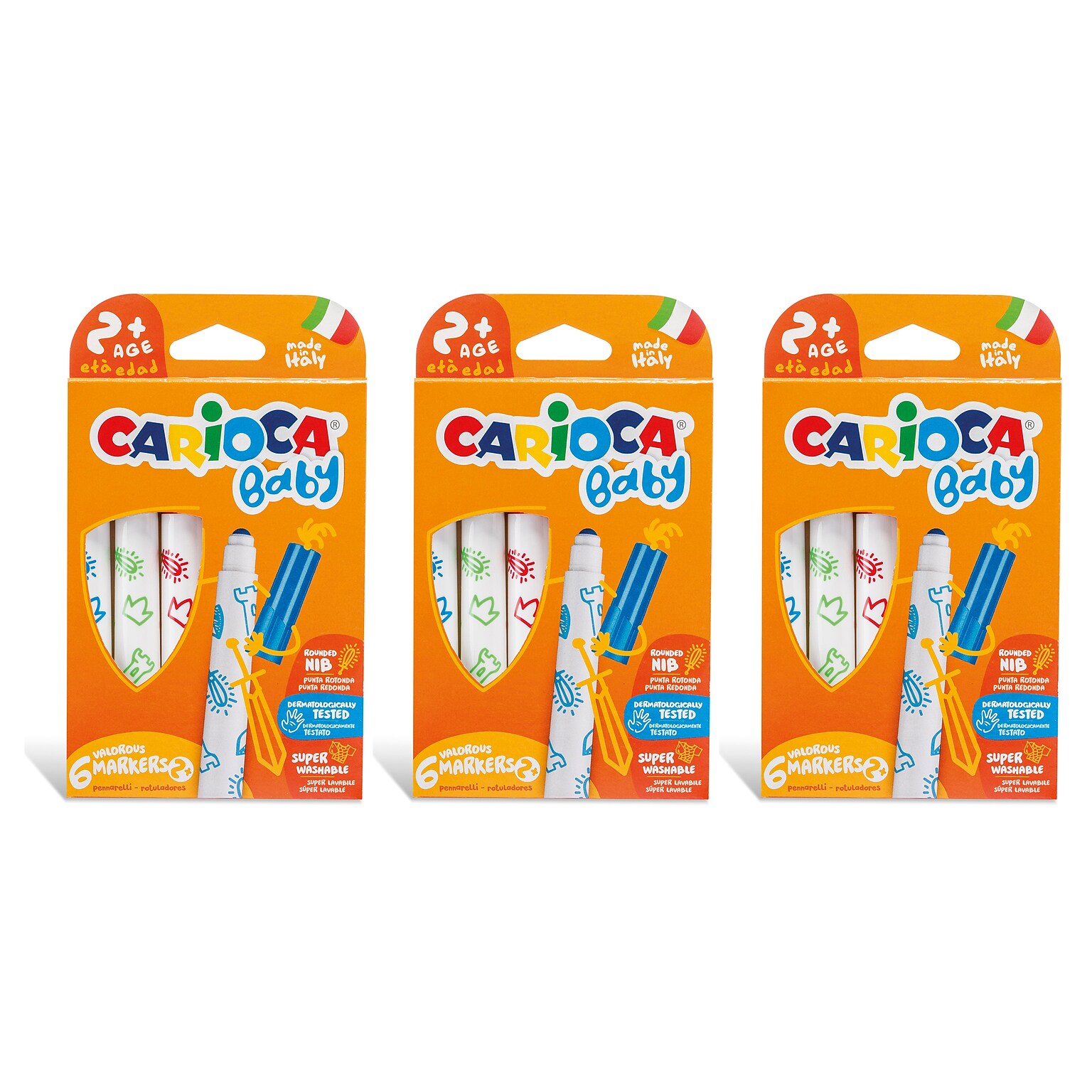 CARIOCA Baby Washable Kids Markers, Rounded Nib, Assorted Colors, 6/Pack, 3/Bundle (CRA42813-3)