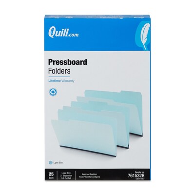 Quill Brand® Heavy-duty Pressboard File Folders, Assorted Tabs, 1/3 Cut , 2" Gusset, Legal Size, Blue, 25/Box (761522R)