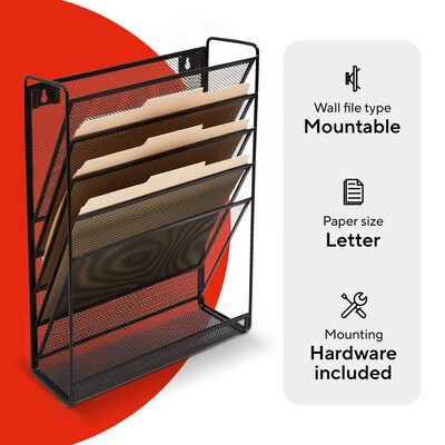 TRU RED Mesh Letter Wall File, 5-Pocket Hanging File Organizer, Black – Vertical Wall-Mounted Mail & Document Holder