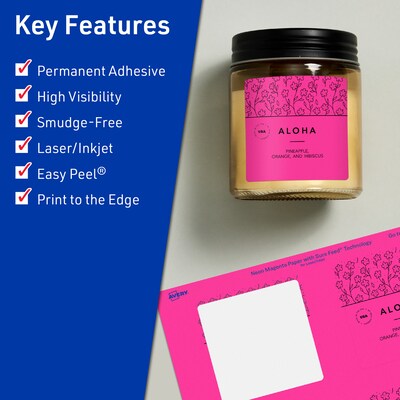Avery Laser/Inkjet Square Multipurpose Labels, 3" x 3", Neon Magenta, 240/Pack (94101)