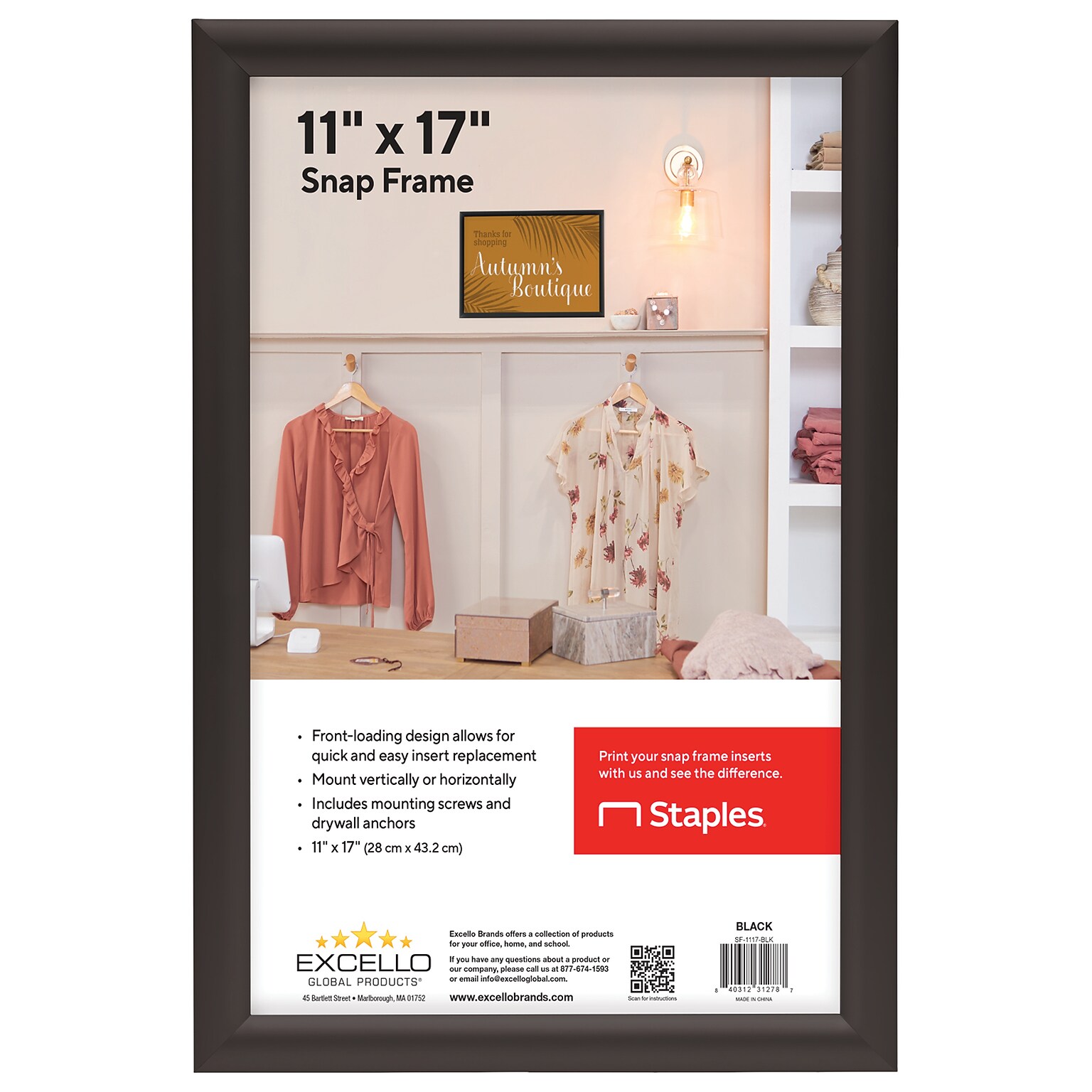 Excello Global Products Snap Frame Poster Holder, 11 x 17, Wall Mounted, Vertical/Horizontal, Black Metal (SF-1117-BLK)