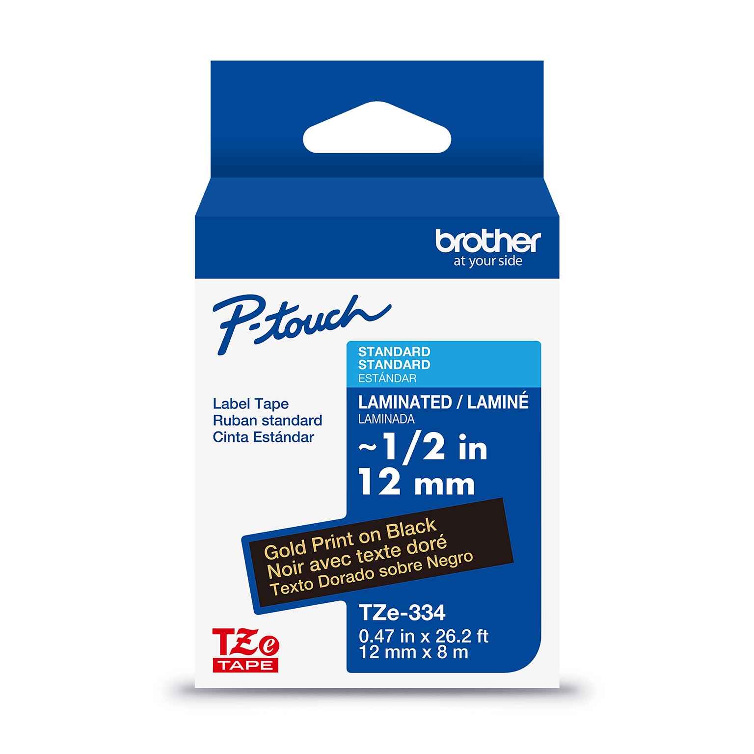 Brother P-touch Laminated Label Tape, ~1/2 x 26.2, Gold on Black (TZe334)