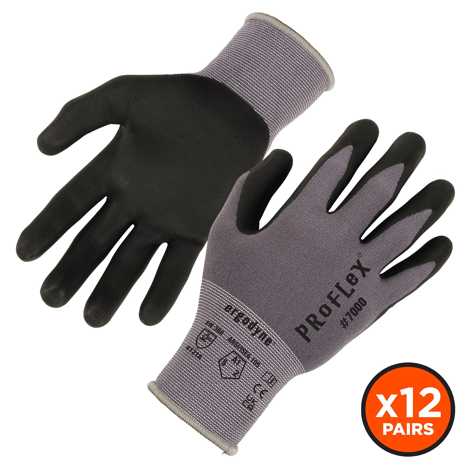 Ergodyne ProFlex 7000 Nitrile Coated Gloves, Microfoam Palm, ANSI Level 5 Abrasion Resistance, Gray, Small, 12 Pair (10362)