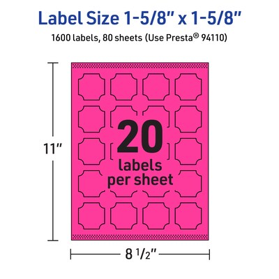 Avery Square Scalloped Laser/Inkjet Multipurpose Labels, 1-5/8" x 1-5/8", Neon Magenta (1600/Box)
