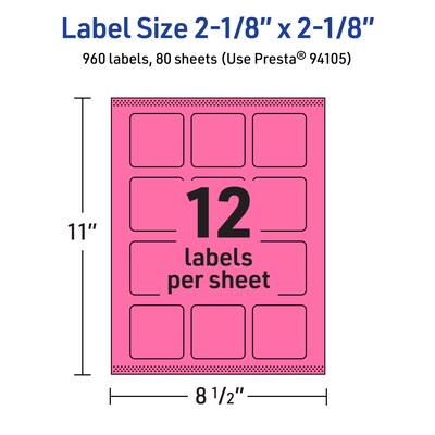 Avery Laser/Inkjet Square Multipurpose Labels, 2-1/8" x 2-1/8", Bright Pink, 960/Box (94105)