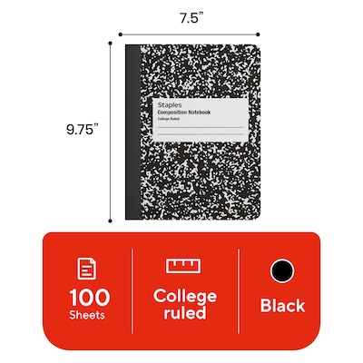 STAPLES Composition Notebook, 9.75” x 7.5”, College Ruled, 100 Sheets, Black