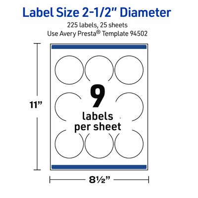 Avery Round Laser Multipurpose Labels, 2.5" Dia., White, 225/Pack (19479399409)