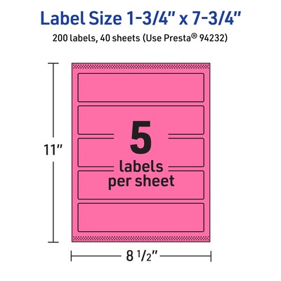 Avery Laser/Inkjet Rectangle Multipurpose Labels, 1.75" x 7.75", Bright Pink, 200/Pack (94232)