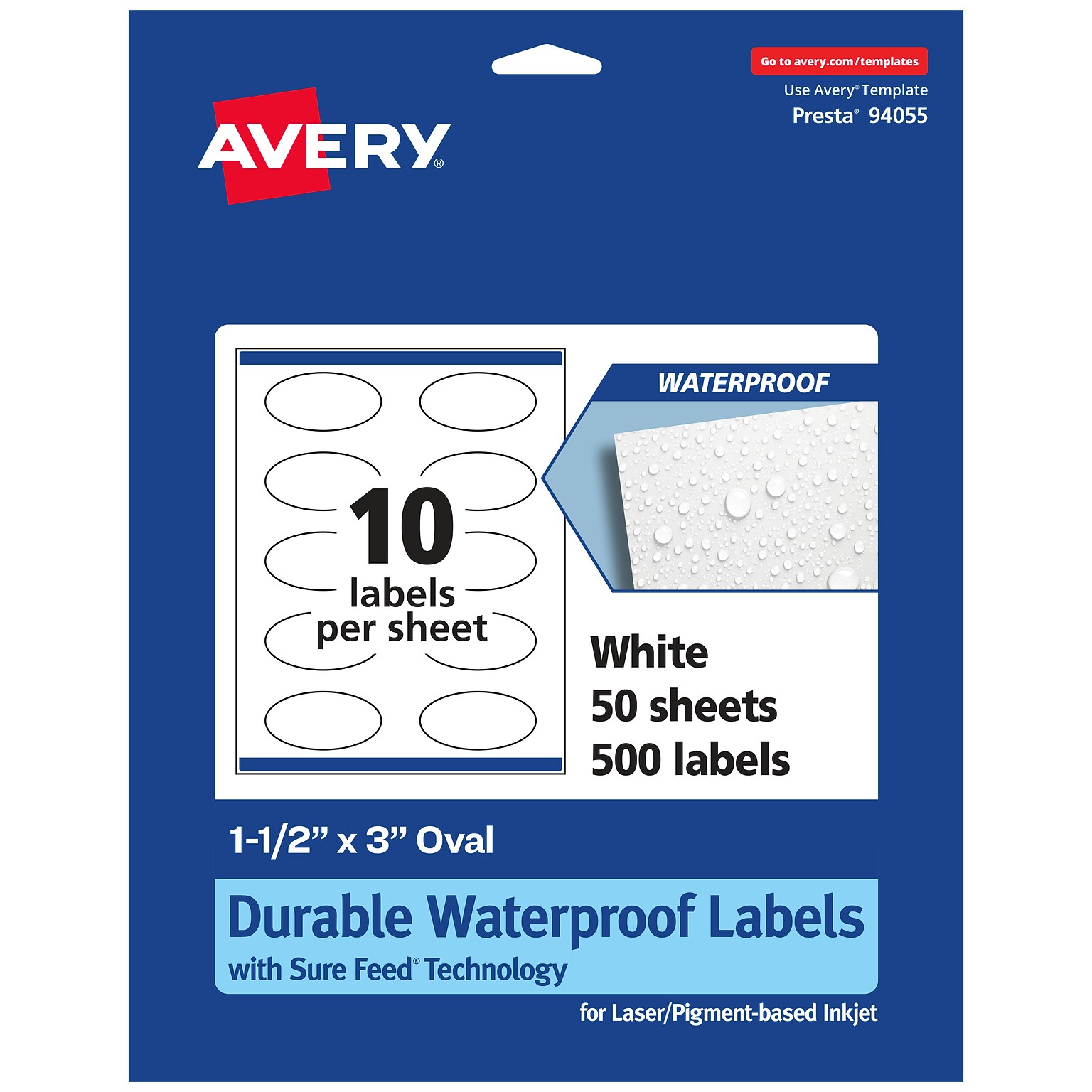 Avery Laser/Inkjet Oval  Waterproof Multipurpose Labels, 3  Dia, White, 500/Box (94055)