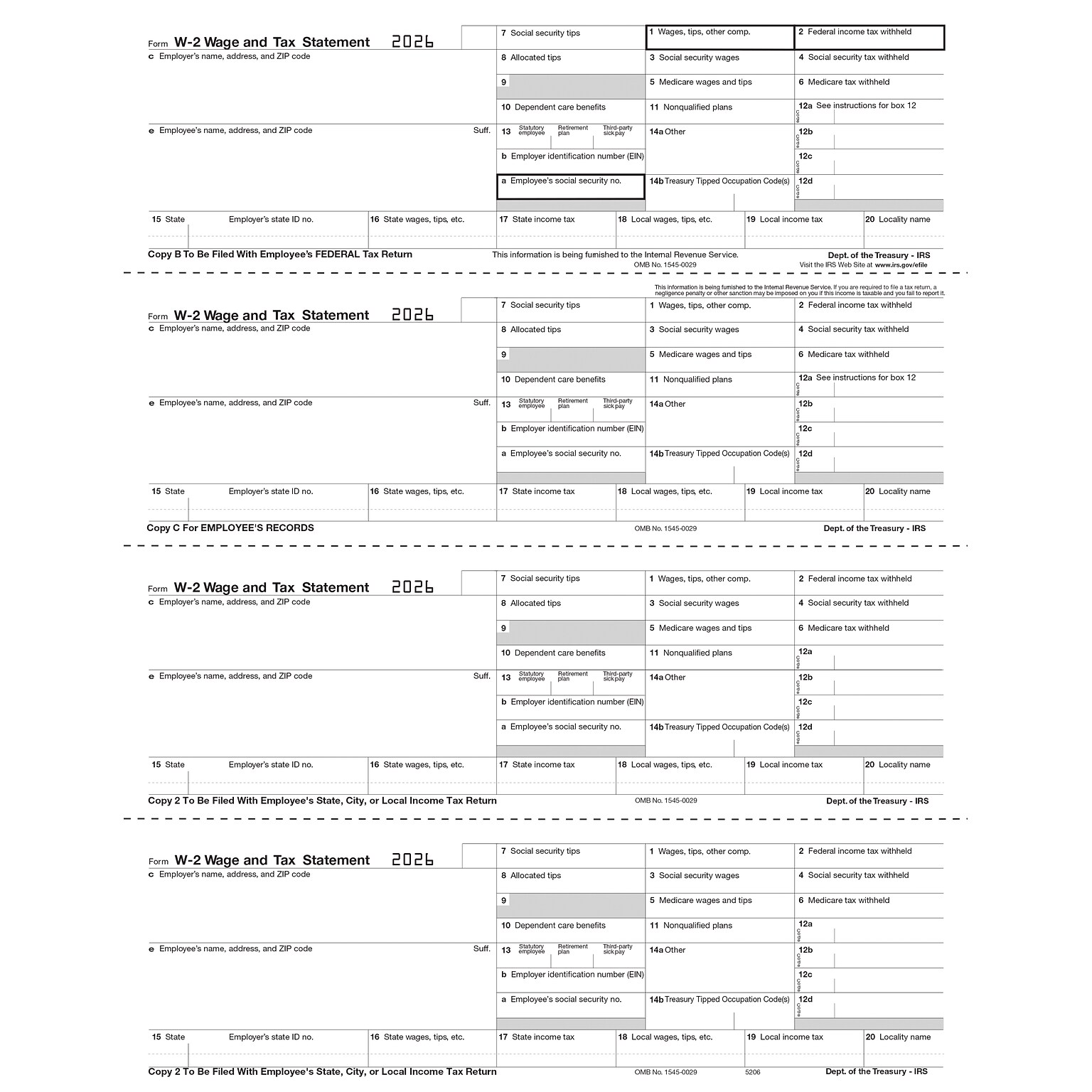 ComplyRight 2026 W-2 Tax Form, Employee Copy B, C, 2 & 2 Combined, 4-Up, 500/Pack (5206B)