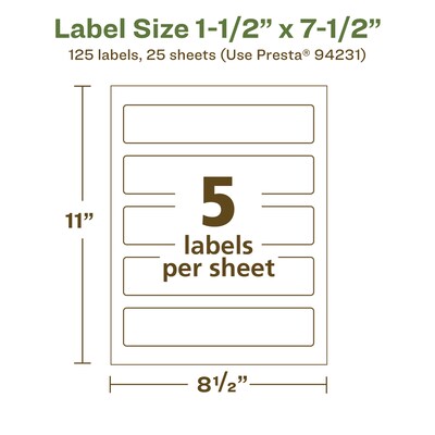 Avery EcoFriendly Laser/Inkjet Rectangle Multipurpose Labels, 1-1/2" x 7-1/2", White, 125/Pack (94231)