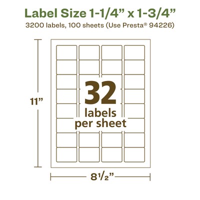 Avery EcoFriendly Laser/Inkjet Rectangle Multipurpose Labels, 1-1/4" x 1-3/4", White, 3200/Box (94226)