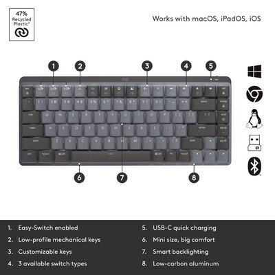 Logitech MX Mechanical Mini, Linear Wireless Ergonomic Keyboard, Black/Gray (920-010551)
