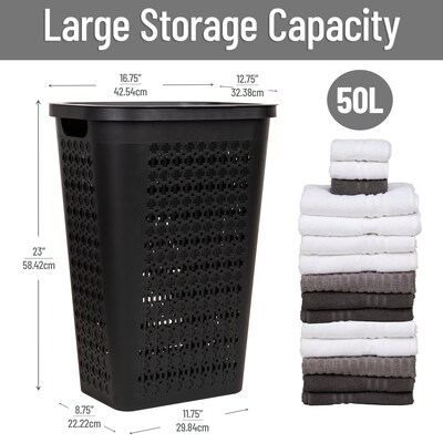 Mind Reader Slim Tapered Hamper with Lid, Plastic, Black (SWHAMP50-BLK)