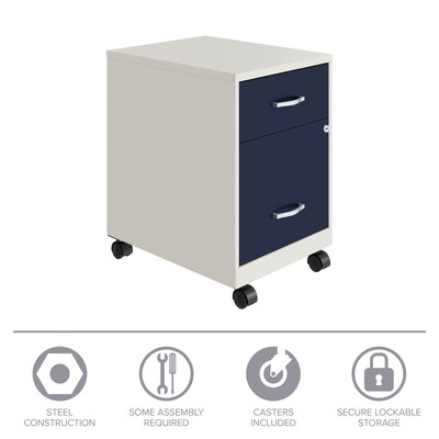 Space Solutions 18" 2-Drawer Mobile Verticle File Cabinet with Accessory Drawer, Letter Width, Pearl White/Navy (25940)