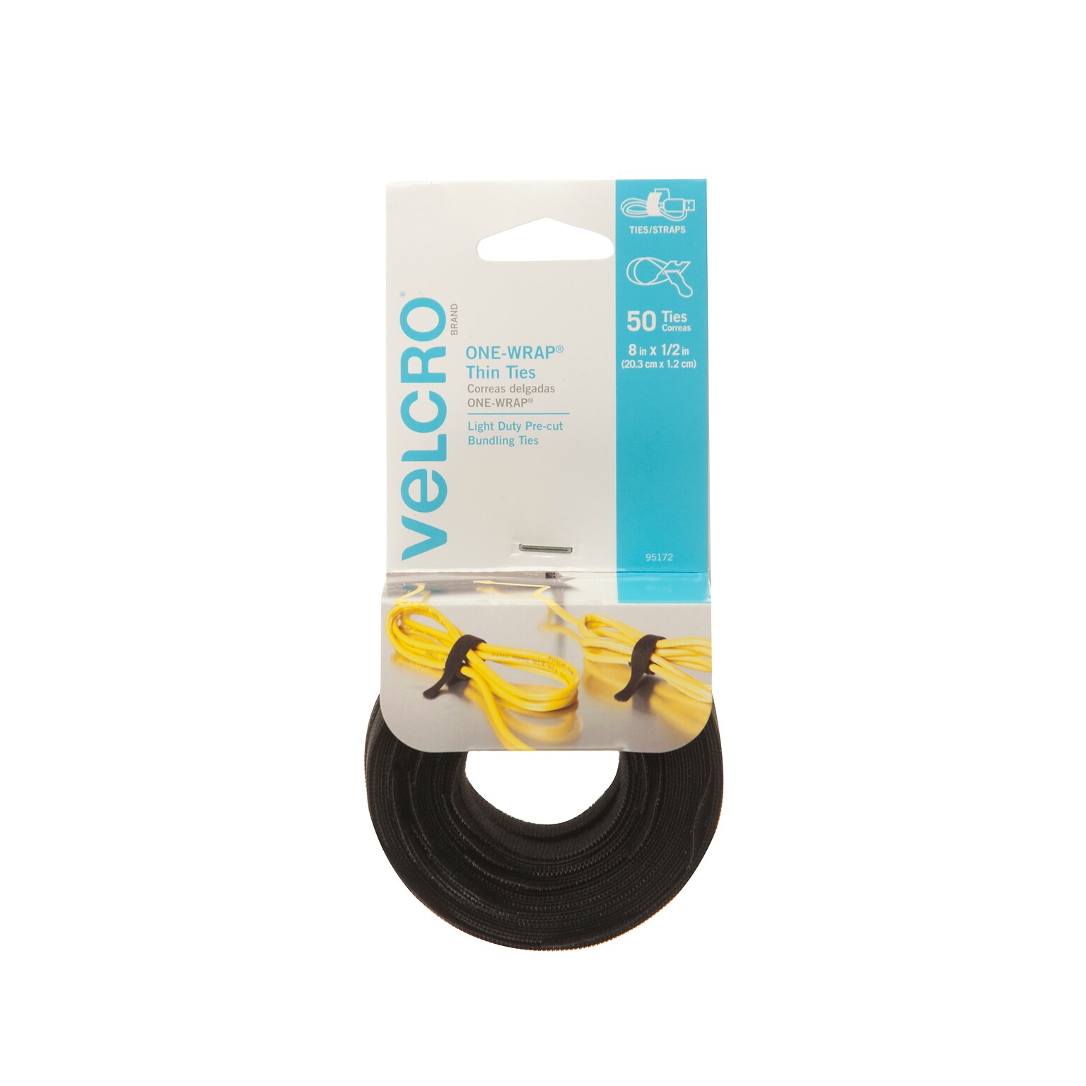 Velcro ONE-WRAP Cable Ties, 1/2 x  8, Reusable Hook & Loop Fastener, Black, 50/Pack (95172)