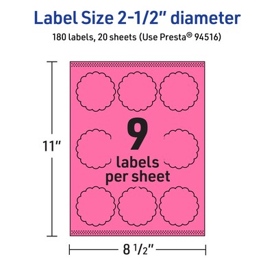 Avery Round Scalloped Laser/Inkjet Multipurpose Labels, 2.5" Dia, Bright Pink (180/Pack)