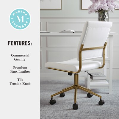 Martha Stewart Ivy Armless Faux Leather Swivel Office Chair, White/Polished Brass (CH2209211WHGLD)