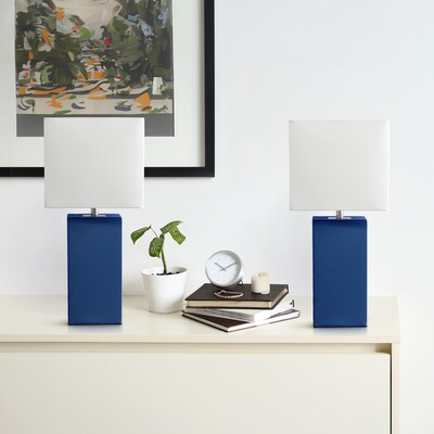 Lalia Home Lexington 21" 2-Pack Leather Base Modern Bedside Table Lamp Set, White Fabric Shade, Blue (LHT-3008-BL-2PK)