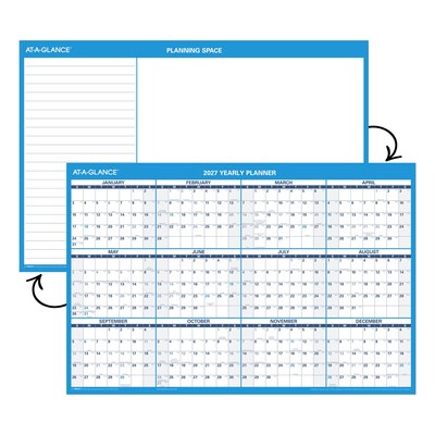 2027 AT-A-GLANCE 36" x 24" Yearly Dry Erase Wall Calendar, Reversible, White/Blue (PM200-28-27)