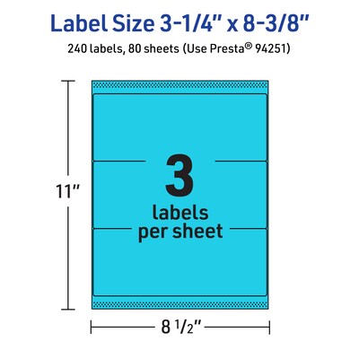 Avery Printable Rectangle Multipurpose Labels, 3-1/4" x 8-3/8", Bright Blue, 240/Box (94251)