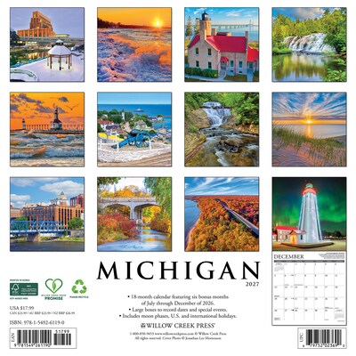 2027 Willow Creek Michigan 12 x 12 Monthly Wall Calendar, Assorted Colors (61190)