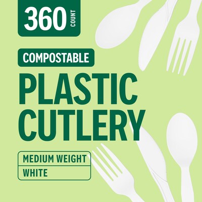 Perk™ Eco Compostable PLA Assorted Cutlery, Medium-Weight, White, 360/Pack (PK56205)