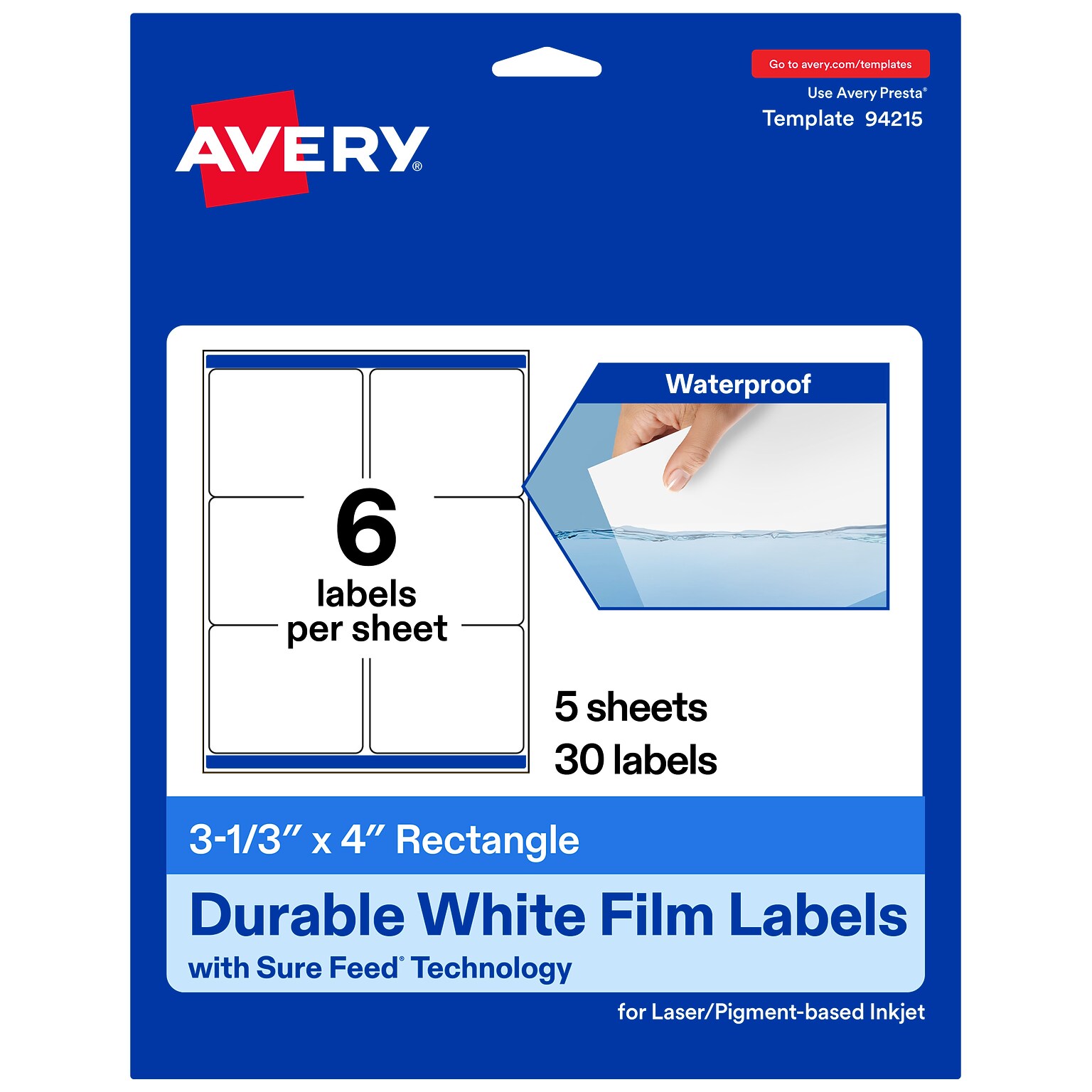 Avery Laser/Inkjet Rectangle Waterproof Multipurpose Labels, 4  x 3.3333, White, 30/Pack (94215)