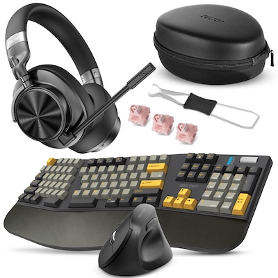 Delton E450 Wireless Ergonomic Mechanical Keyboard, Vertical Mouse & Noise-Cancelling Computer Headset, Black (DKME450PKT2)