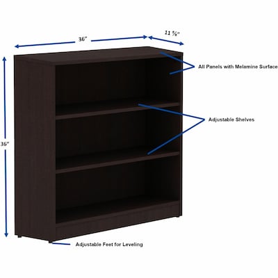 Lorell Essentials 36" 3-Shelf Bookcase with Adjustable-Shelves, Espresso Laminate (LLR18276)