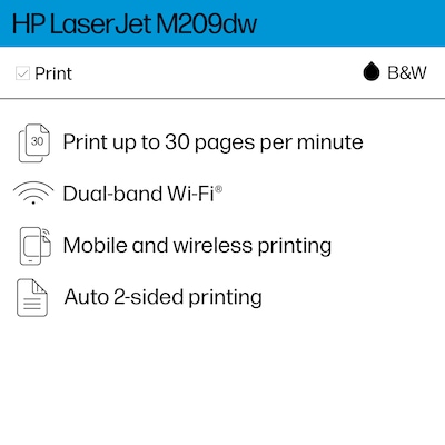 HP LaserJet M209dw Wireless Black & White Laser Printer, Single-Function, Print, Best for Home Office (6GW62F)