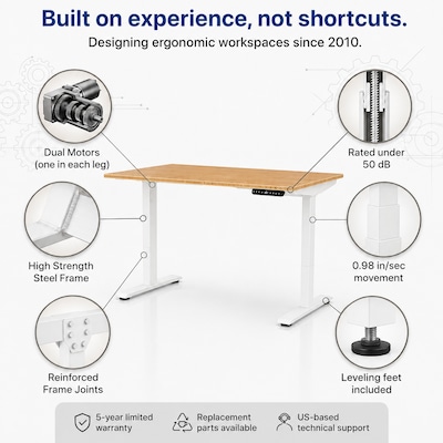 Uncaged Ergonomics Rise Up 60"W Electric Adjustable Bamboo Standing Desk, Natural/White (RUWB)