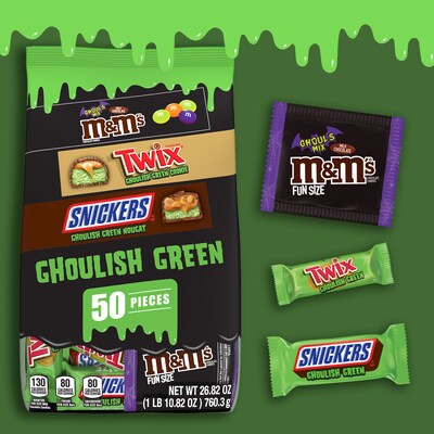M&Ms, Snickers & Twix Ghoulish Green Halloween Assorted Milk Chocolate Candy, 26.82 oz., 50 Pieces