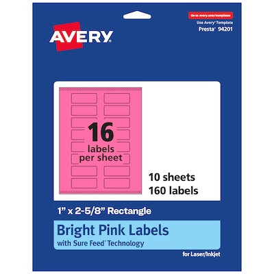 Avery Rectangle Laser/Inkjet Multipurpose Labels, 1 x 2-5/8, Bright Pink (160/Pack)
