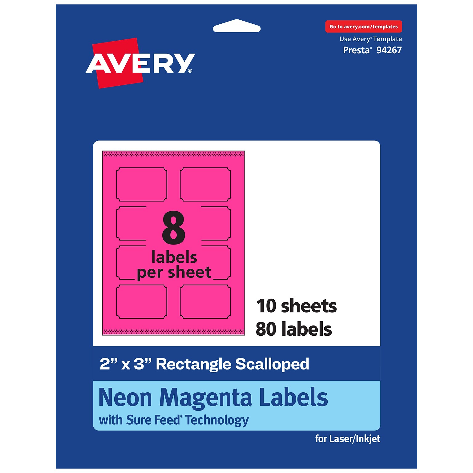 Avery Laser/Inkjet Rectangle Scalloped Multipurpose Labels, 2 x 3, Neon Magenta, 80/Pack (94267)