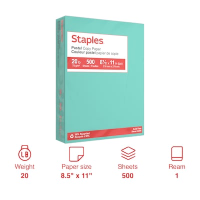 Staples Pastel Color Copy Paper, 20 lbs., 8.5 x 11, Turquoise, 500 Sheets/Ream